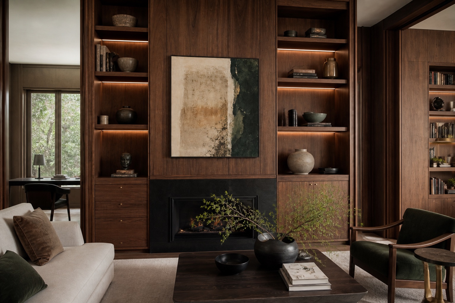 Integrated walnut fireplace wall with illuminated shelves