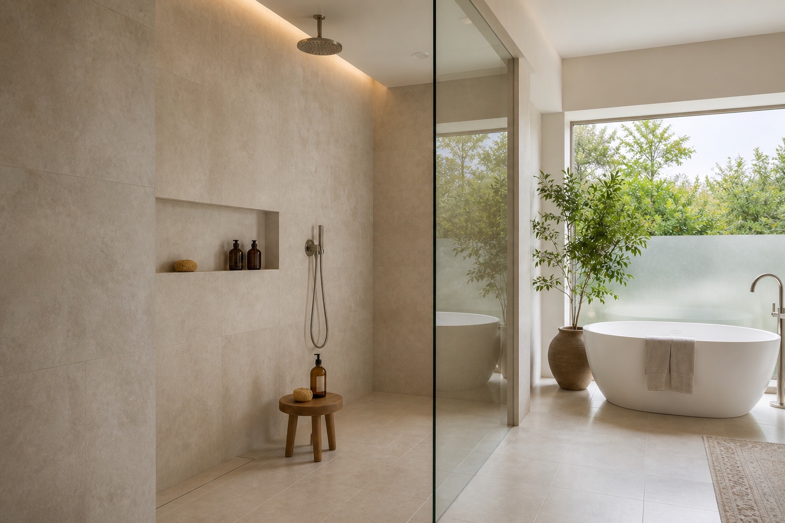 Walk-in limestone shower with recessed niches