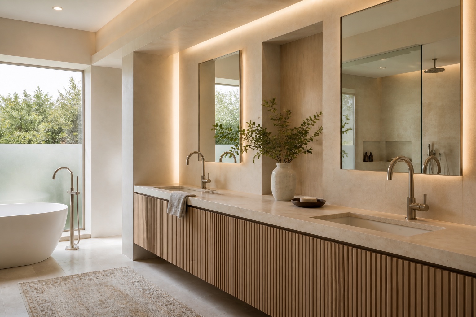 Fluted oak double vanity with integrated lighting