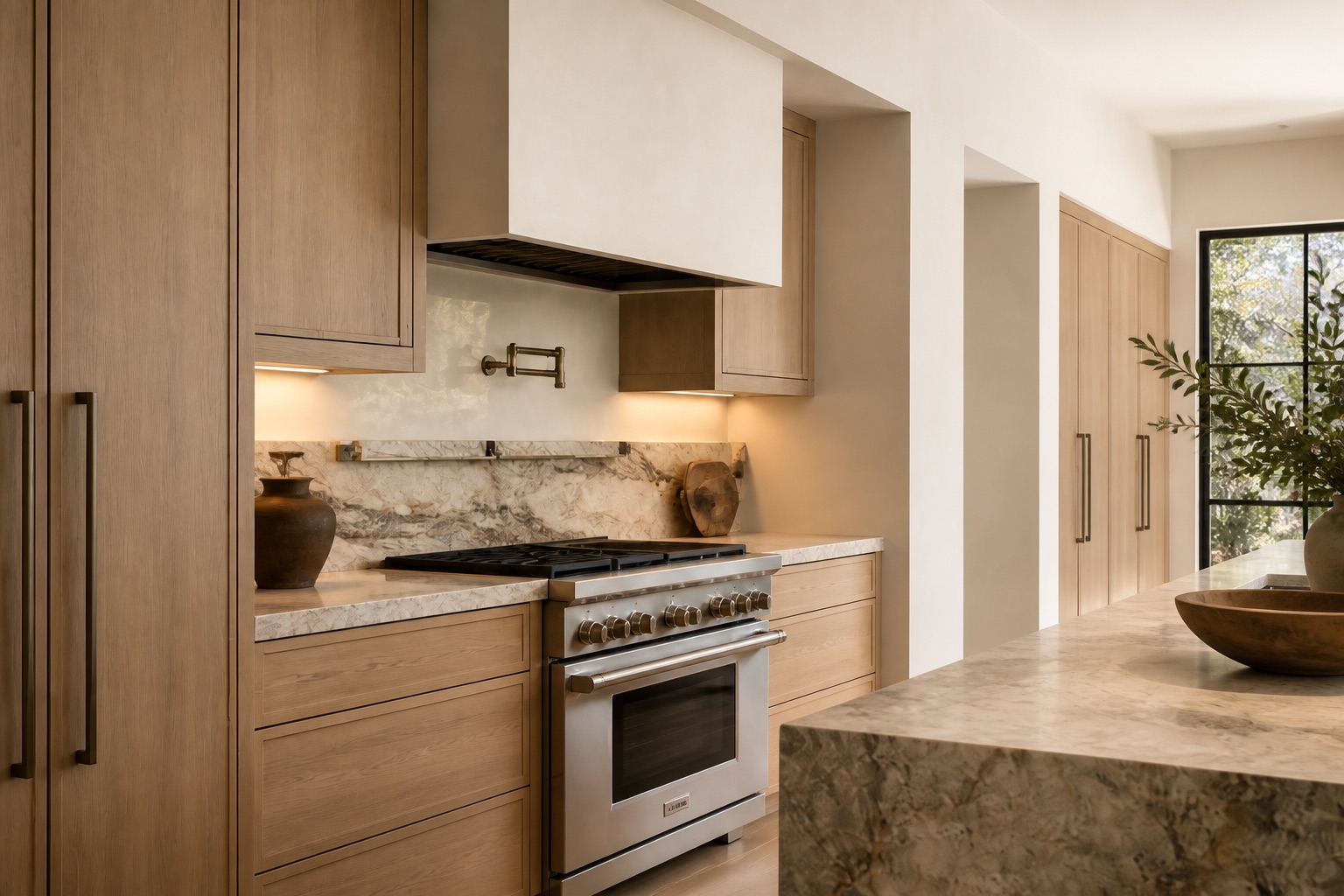Integrated cooking wall in white oak and natural stone