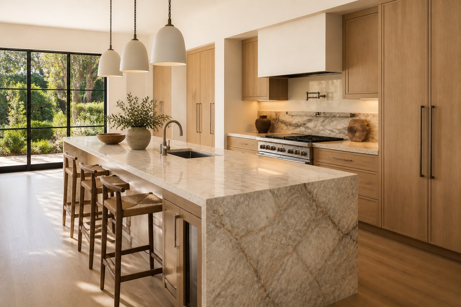 Garden-facing view of Stone and Oak Kitchen
