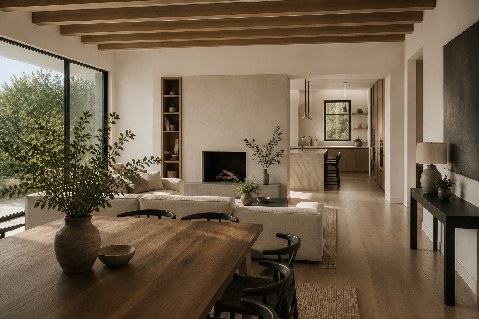 Willow Residence dining area with warm oak and plaster finishes