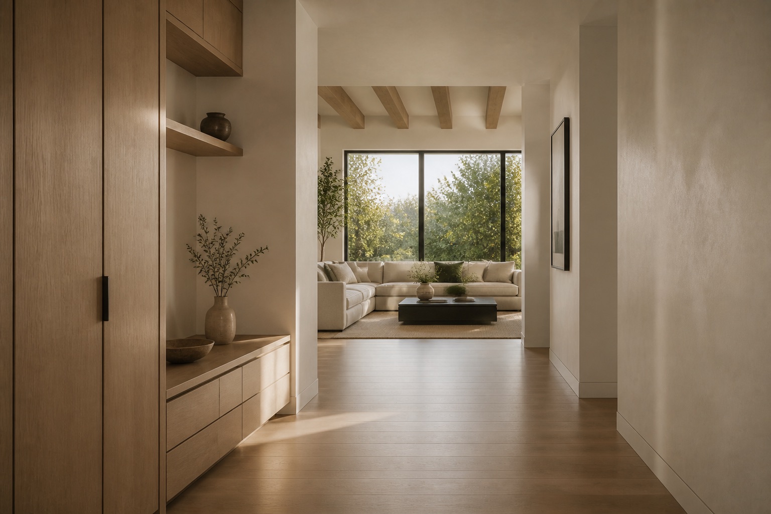 Custom white oak storage and hallway at Willow Residence